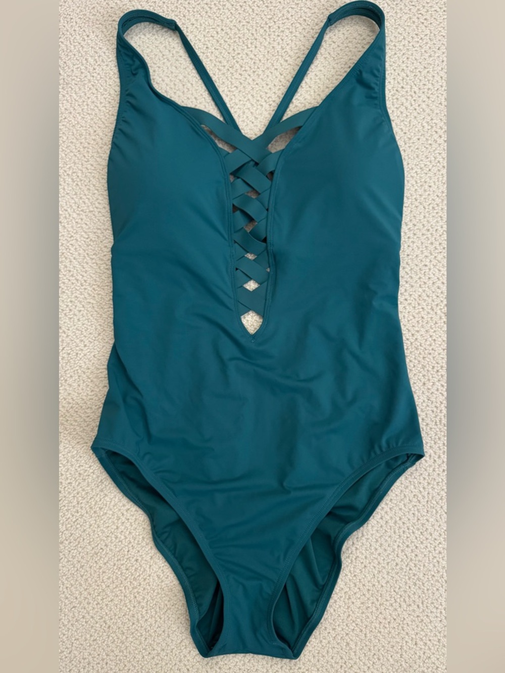 NEW Bleu Rod Beattie Teal One-Piece Swimsuit with Lattice Front, size 12. NWT